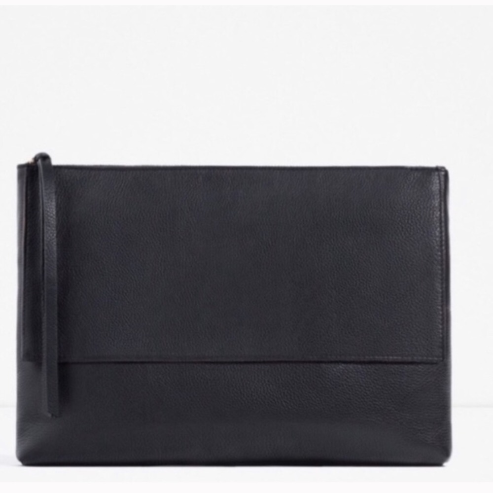 ZARA 100% LEATHER LARGE BLACK CLUTCH ZIP TASSLE BRAND NEW WITH TAGS BLOGGERS FAV